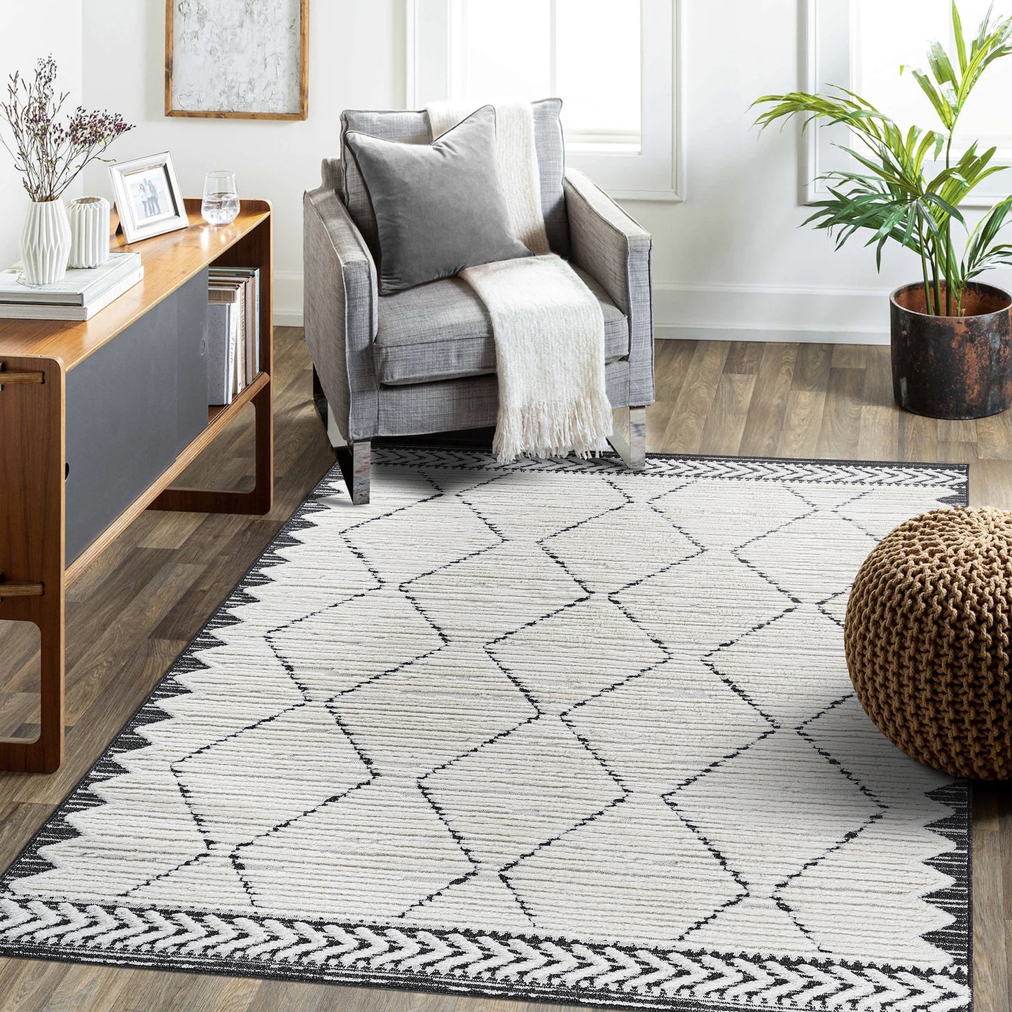 Step Collection High-Low Trellis Area Rug - Cream & Anthracite 5x7