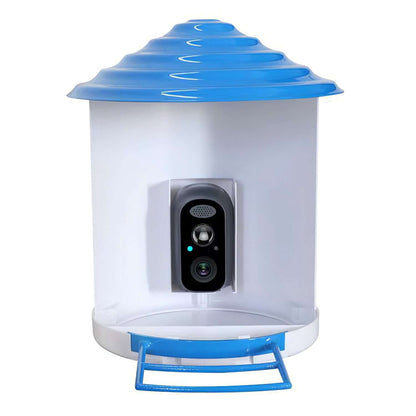 White and blue smart bird feeder front view with built-in camera behind a clear window.