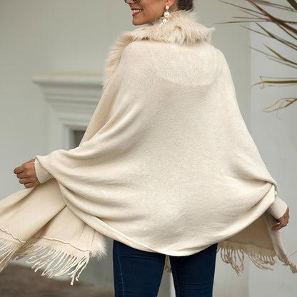 Women's Faux Fur Trim Cardigan Coat - Fringe Hem Layer Poncho For Fall & Winter Women's Faux Fur Trim Cardigan Coat - Fr | Ectron Online