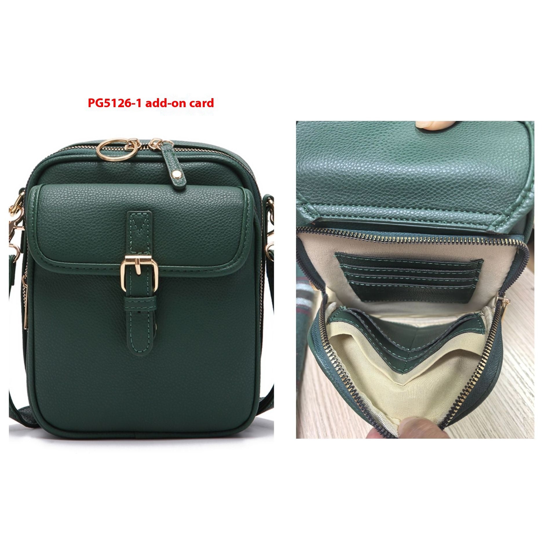 Green pebbled leather-look messenger bag with front flap and card slots inside