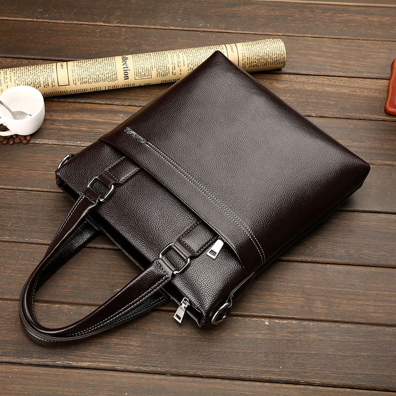 Men's leather one-shoulder computer bag, dark brown, front flap with buckle and zip pocket