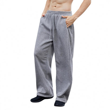 Men's gray sweatpants with elastic waist and drawstring, straight loose trouser legs