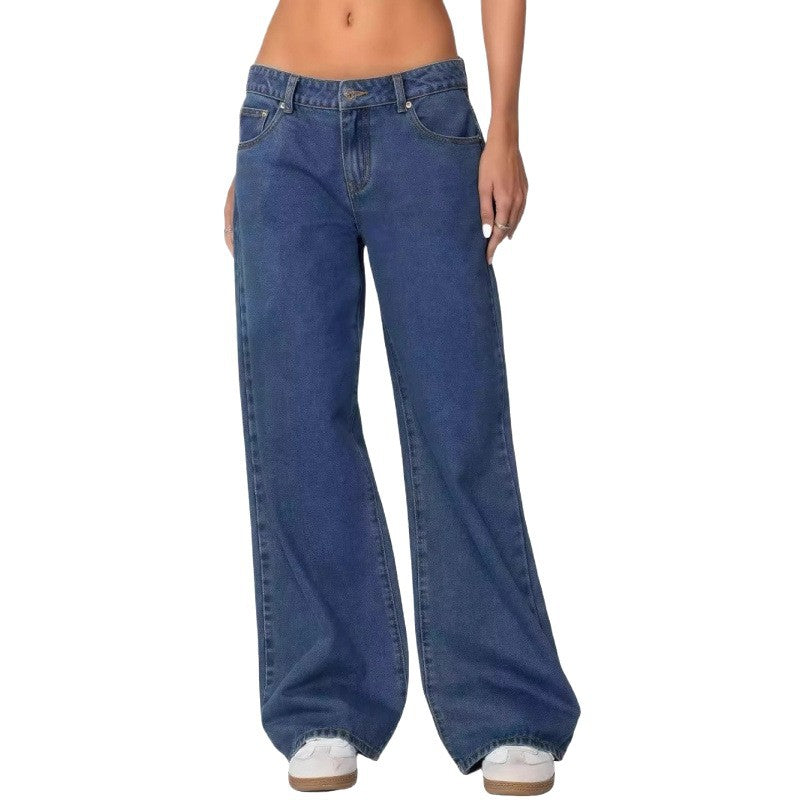 High-waisted wide-leg mopping jeans in medium blue denim, relaxed wide-leg fit