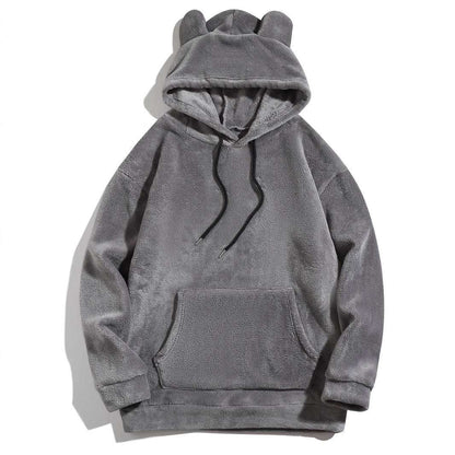 Gray fleece hoodie with bear-ear hood, front kangaroo pocket, drawstring ties
