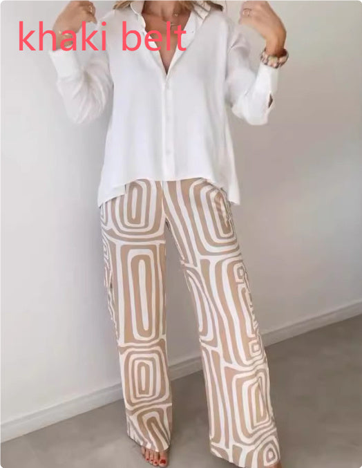 Women's Casual Long-sleeved Lapel Shirt Printed Wide-leg Pants Suit Women's Casual Long-sleeved Lapel Shirt | Ectron Online