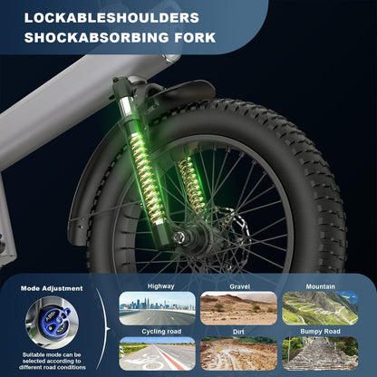 Front suspension fork and fat front tire with metal disc brake, grey electric bike