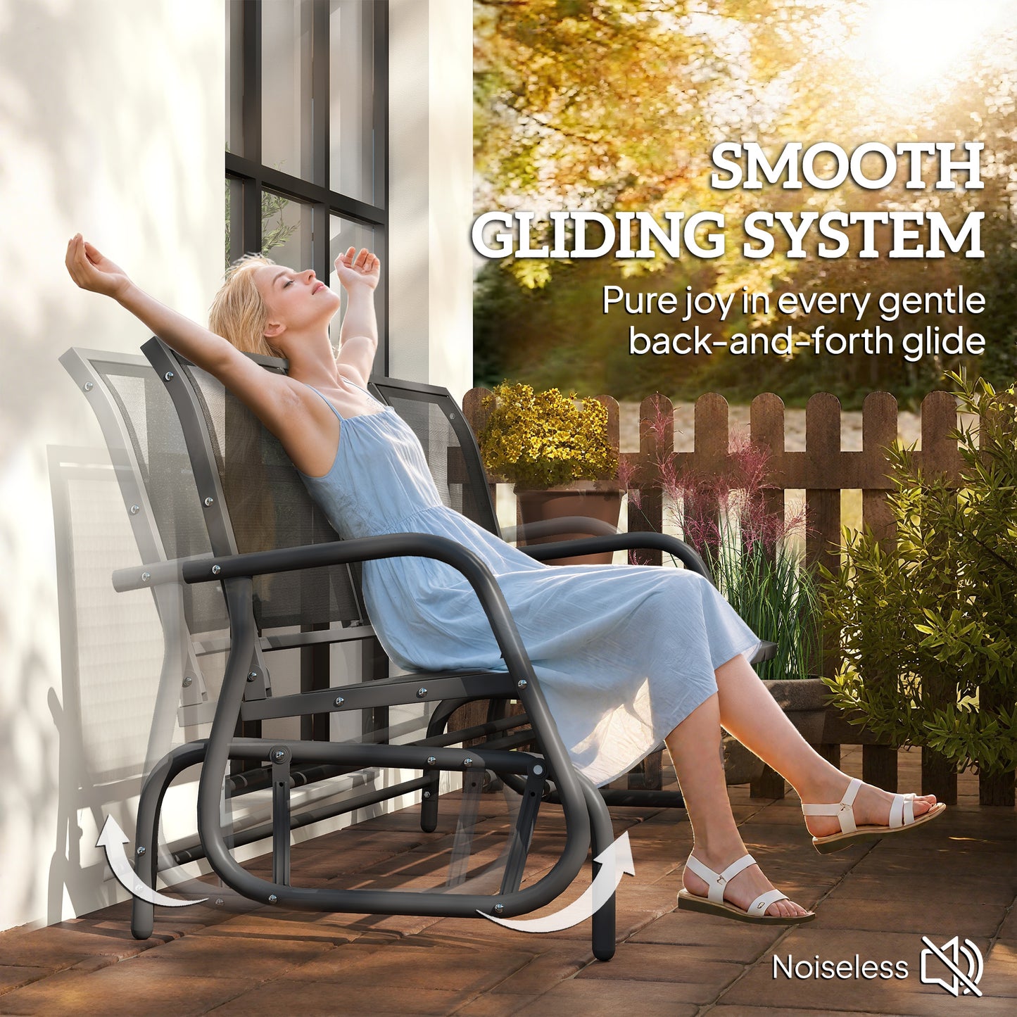 Black patio glider bench with curved backrest and armrests, shown outdoors.