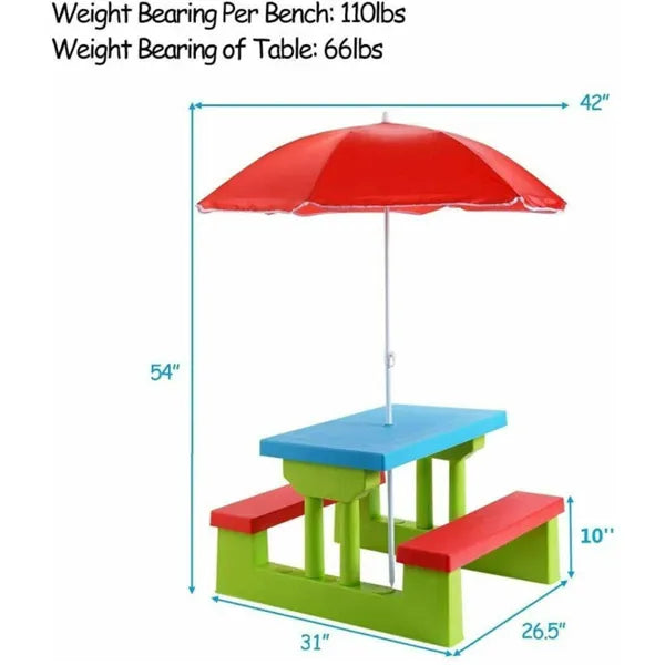 Kids Outdoor Picnic Table Set with UV Protection Umbrella - Green