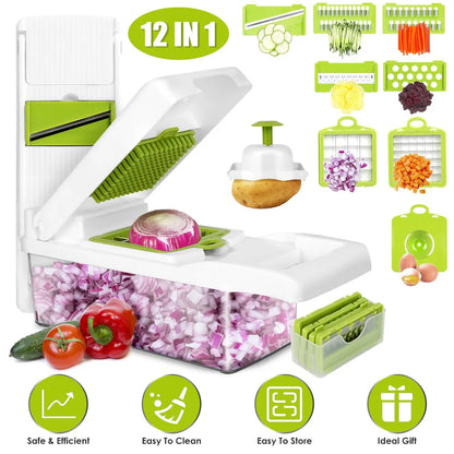 12-in-1 vegetable chopper kit with container, white body, and multiple green blade attachments