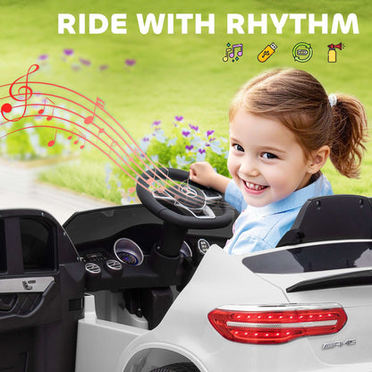 White kids 12V ride-on SUV interior view with child driving the steering wheel