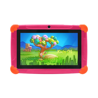 A 7-inch children's tablet computer in orange color with colorful protective case and multiple viewing angles displayed. The device is shown with a colorful screen displaying a learning application.
