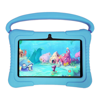 A pink 7 inch children's tablet pc with a cartoon image on the screen, shown from multiple angles including the back.