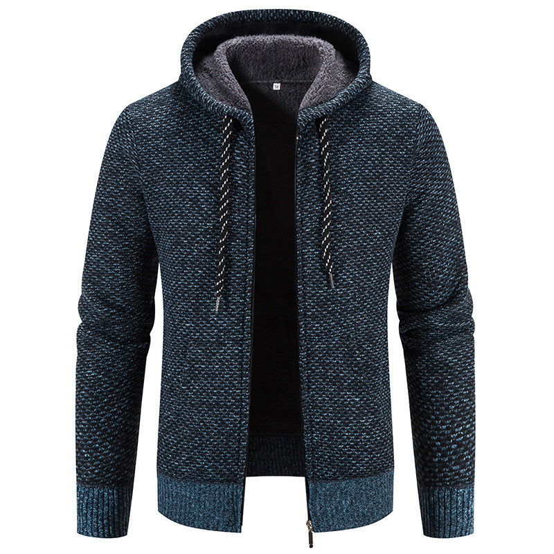 Navy blue plush zip-front coat with drawstring hood and ribbed hem