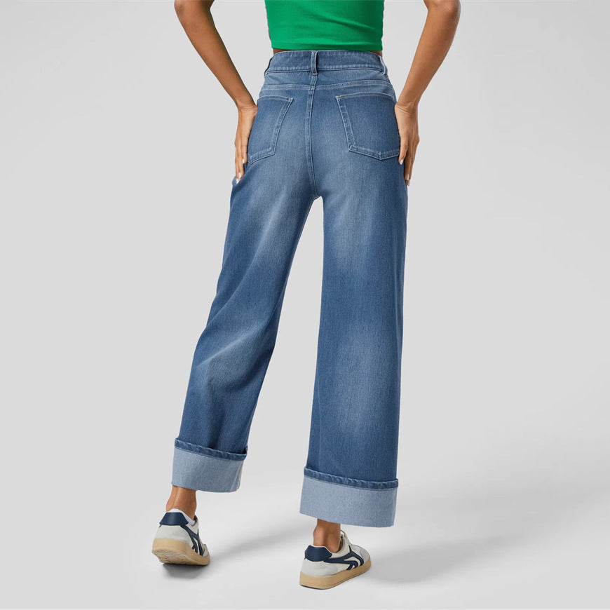 High-waisted Trousers-foot Curling Straight Jeans