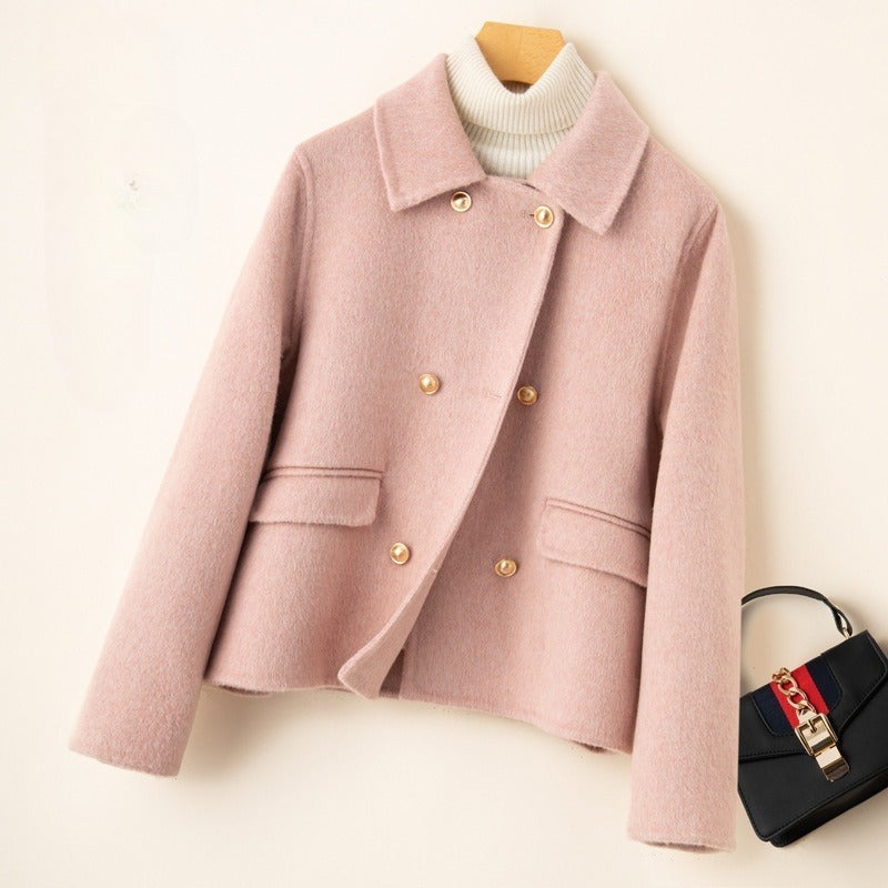 Short double-sided wool overcoat, pink with gold buttons and flap pockets