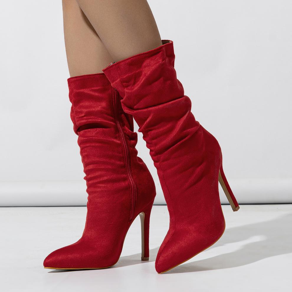 New Wrinkle Suede Stiletto Boots - Pointed Toe Mid-Length Boots | Ectron Online