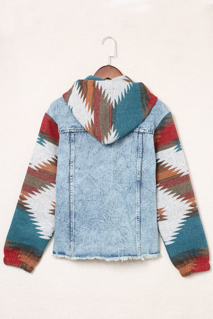 Western Style Denim Stitching Hooded Jacket Multi-color Printed Frayed Hem Jacket