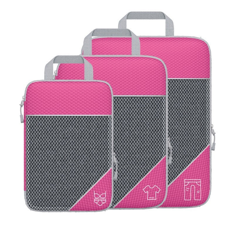 Luggage organizer set with zipper compression bags and shoe bag, hot pink and gray