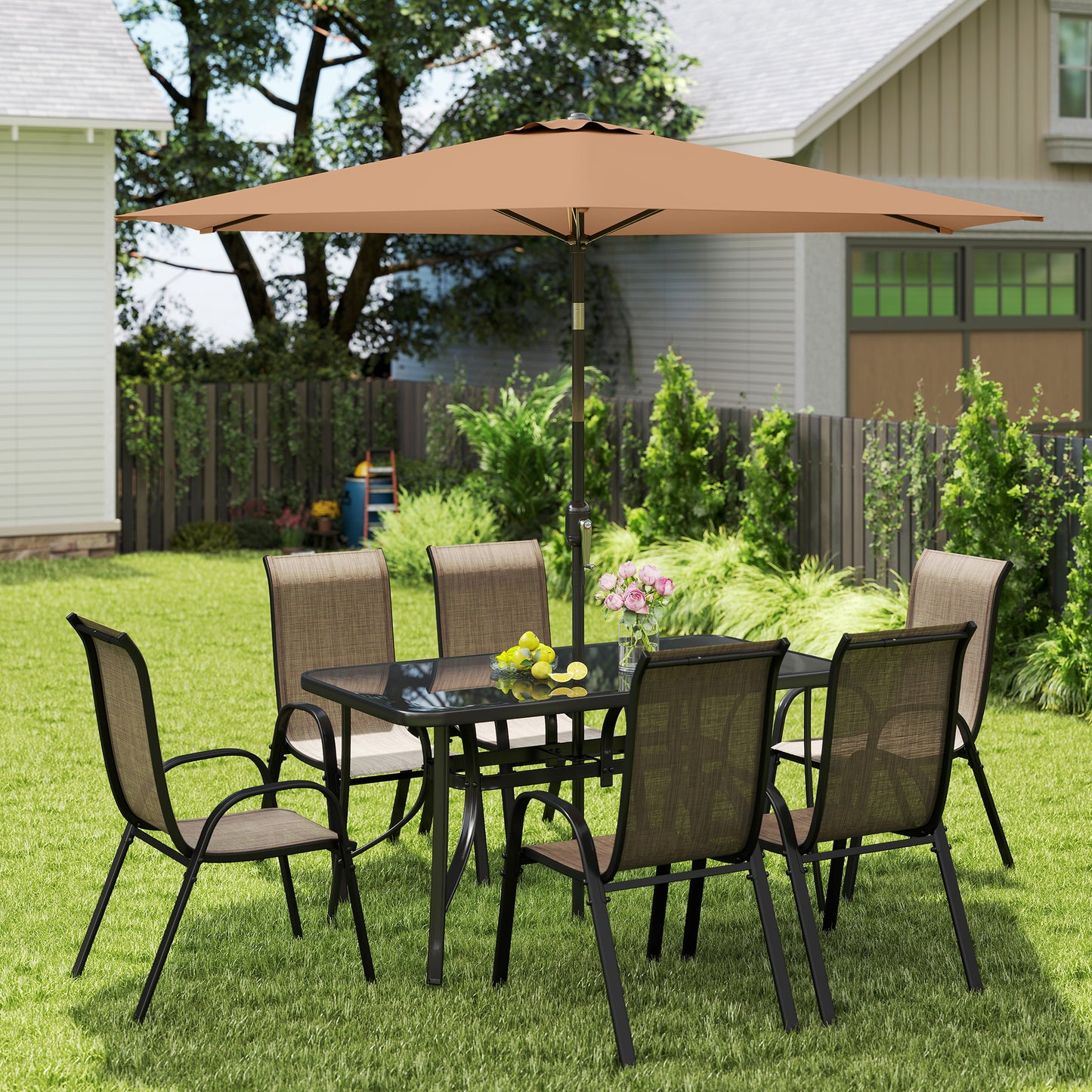 8-Piece Patio Dining Set with 9Ft Umbrella - Light Mixed Brown
