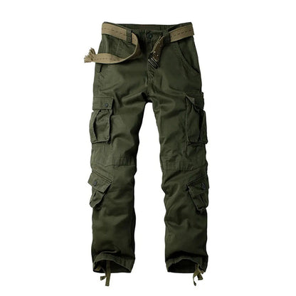 Men's cargo pants in olive green with multiple flap cargo pockets and adjustable waist strap