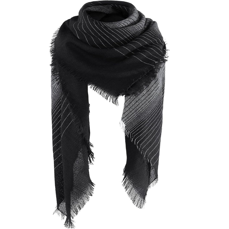 Black and white fringed oversized square shawl scarf with pinstripe pattern