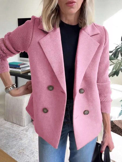 Women's Double Breasted Splicing Coat with Knitted Sleeves Double Breasted Lapel Jacket Fashion Kni | Ectron Online