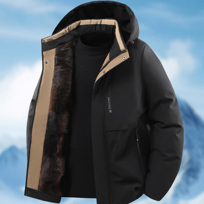 Black jacket with fur lining on a mountain background