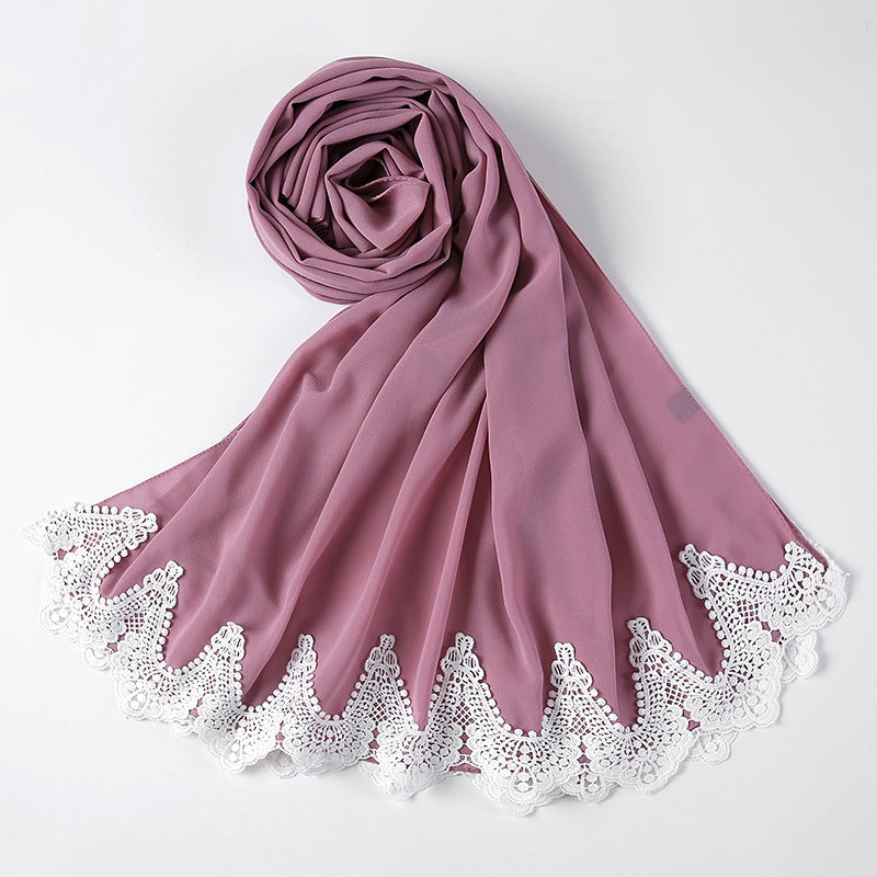 New Pearl Chiffon Scarf Malaysia Fashion Stitching Lace Scarf