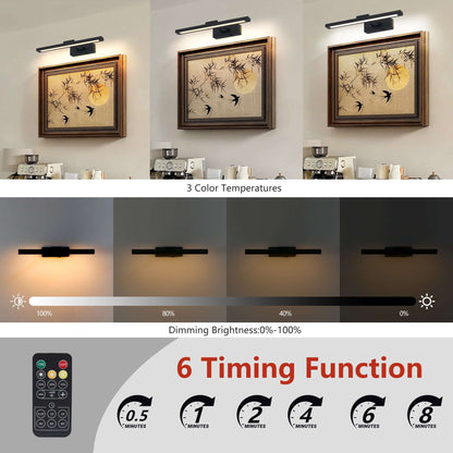 Black picture light shown over wall art with dimming and multiple light settings