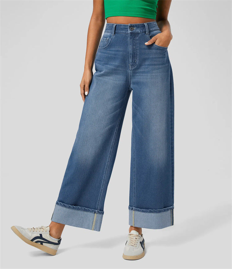 High-waisted Trousers-foot Curling Straight Jeans