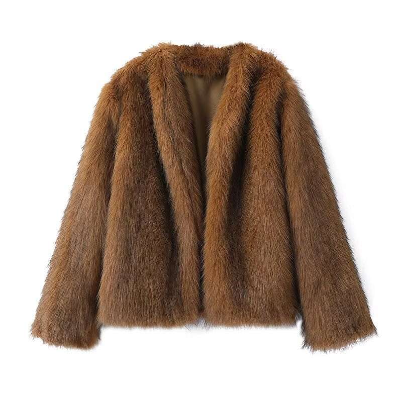 Brown faux fur jacket on a white background
