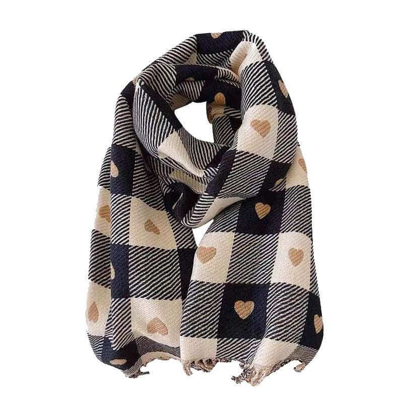 Women's Faux Cashmere Heart Check Scarf with Fringe