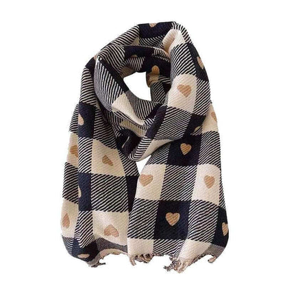 Women's Faux Cashmere Heart Check Scarf with Fringe