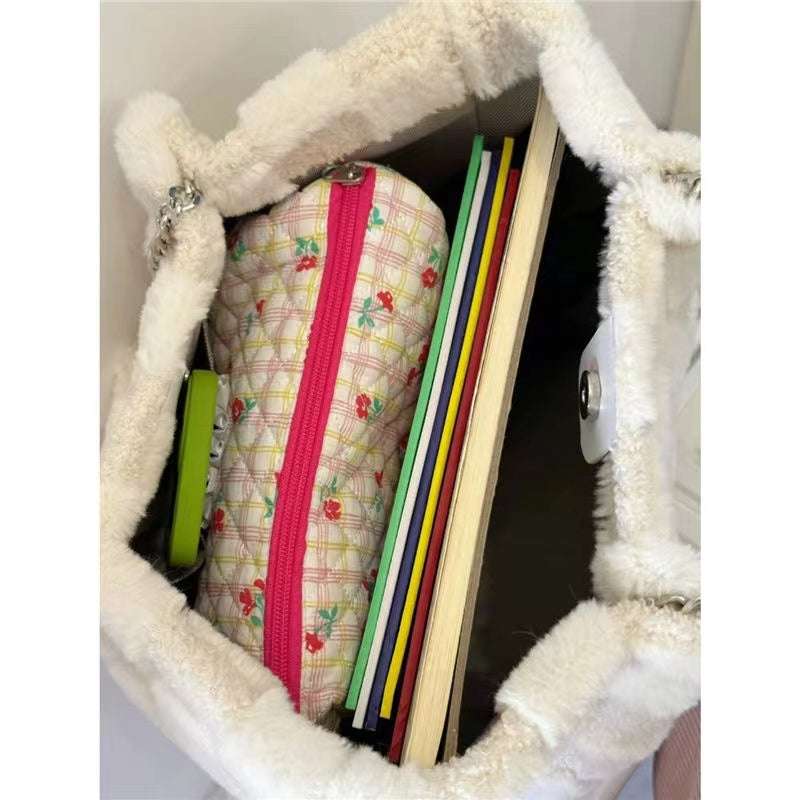 White Plush One Shoulder Bag Casual Tote Bag Shopper Bags | Ectron Online