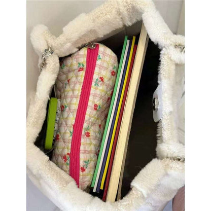 White Plush One Shoulder Bag Casual Tote Bag Shopper Bags | Ectron Online