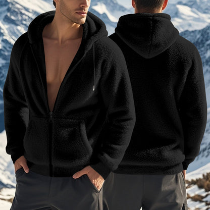Black sherpa fleece zip hoodie with two front pockets