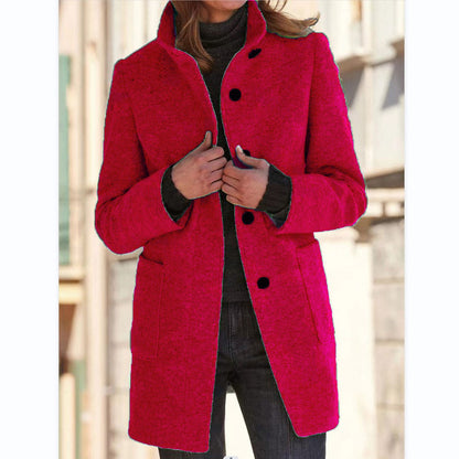 Women's Stand Collar Woolen Coat with Pockets | Casual Winter Jacket Fashion Stand Collar Woolen Coat With Po | Ectron Online