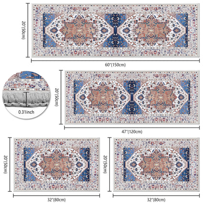 3-piece boho kitchen rug set with blue border and ornate medallion center, flat view