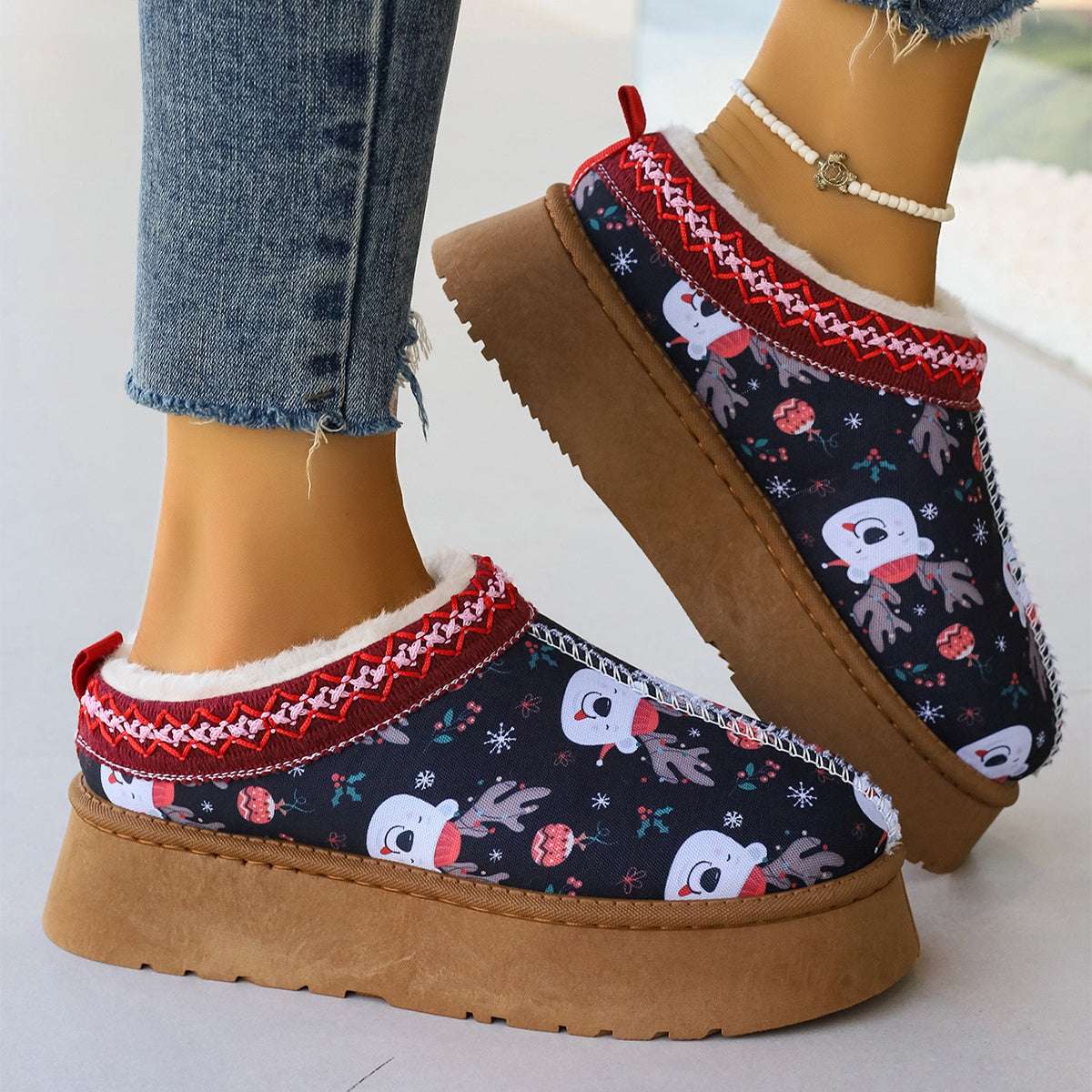Women's Christmas Ankle Boots – Plush Lined Slip-On Winter Shoes Women's Cartoon Christmas Print Ankle Bo | Ectron Online
