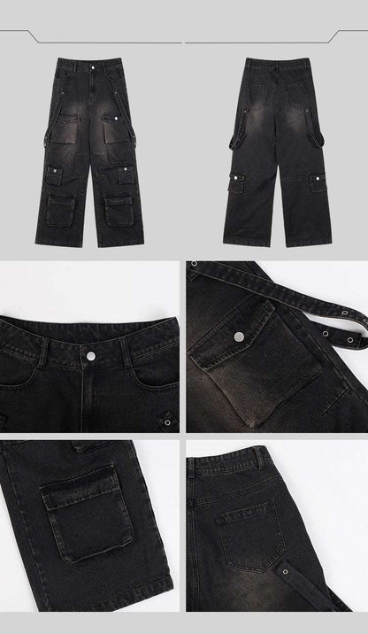 Men's Multi-Pocket Vintage Wide Leg Jeans - Classic Retro Denim Style Multi Pocket Vintage Wide Leg Jeans For | Ectron Online
