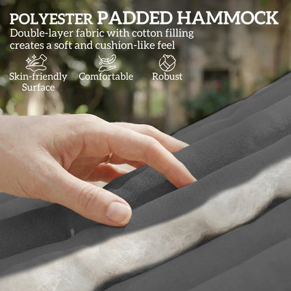 Gray hammock fabric with padded surface, hand smoothing the textured weave