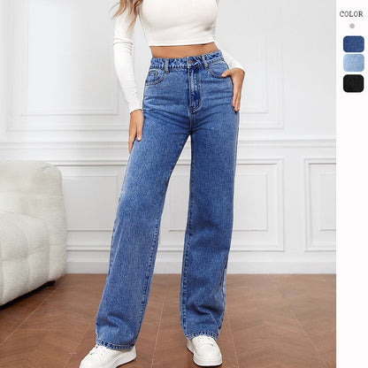 Women's Mid-Waist Washed Straight Jeans Washed Fashion Straight Jeans Women's Mi | Ectron Online