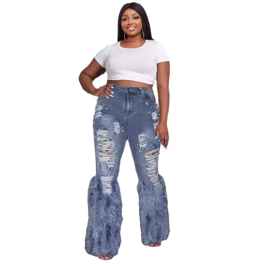 Artificial Wool Ripped Beaded Stretch Jeans