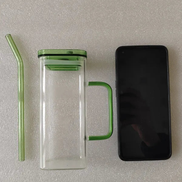 Square Glass Cup with Straw & Lid | High Borosilicate Coffee & Juice Cup