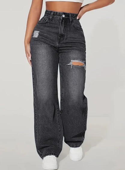 Women's European Style Distressed Jeans | Washed Hole Denim Pants European And American Ladies Washed Hole | Ectron Online