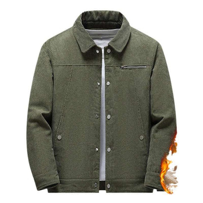 Olive corduroy winter jacket with sherpa lining and stand collar, button front