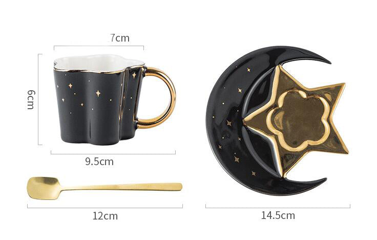 Creative Ceramic Cup with Star and Moon Saucer - Celestial Gold Trim Coffee Set