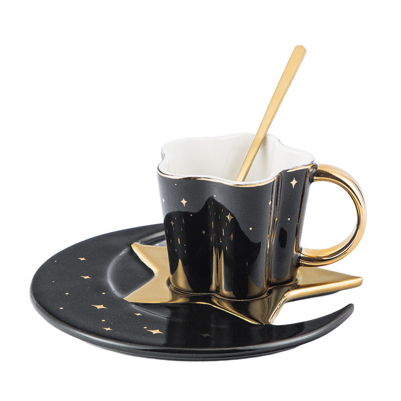 Creative Ceramic Cup with Star and Moon Saucer - Celestial Gold Trim Coffee Set