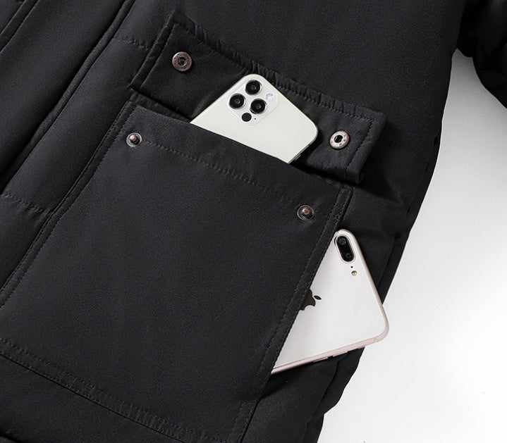 Black jacket with a phone in the pocket on a white background