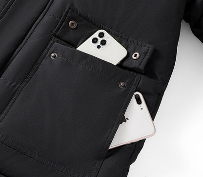 Black jacket with a phone in the pocket on a white background